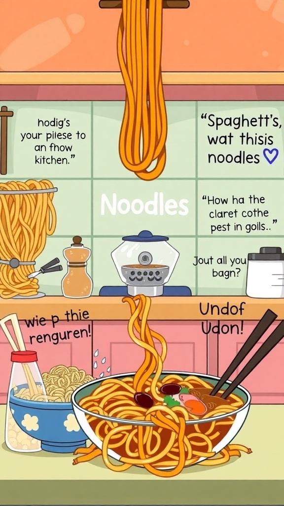 Funny Noodle Quotes for Food Lovers An illustration of different noodles with humorous quotes in a vibrant kitchen.